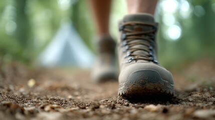 Obraz premium Close up of hiking boots walking on a dirt path in a forest, approaching a blurred campground tent in the background, suggesting a summer travel adventure