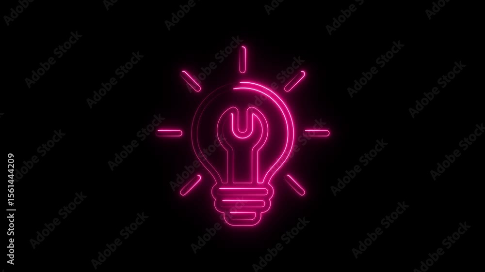 Poster neon lightbulb with wrench inside concept of innovation and problem solving glowing pink on black