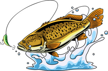 Golden Brown Bass Fish Cartoon Character Jumping at Fishing Lure with Splash - Vector Hand Drawn Illustration Isolated On Transparent Background