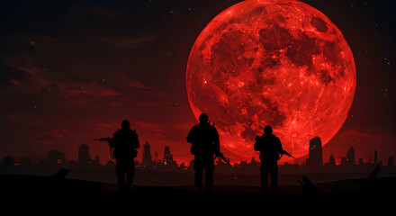 Soldiers Silhouette Blood Moon Cityscape Night