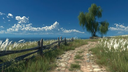 Fototapeta premium Sunny, rustic path through a meadow, near a water body.