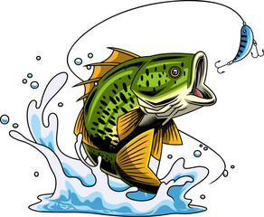 Aggressive Bass Fish Cartoon Character Leaping Toward Blue Lure - Vector Hand Drawn Illustration Isolated On Transparent Background
