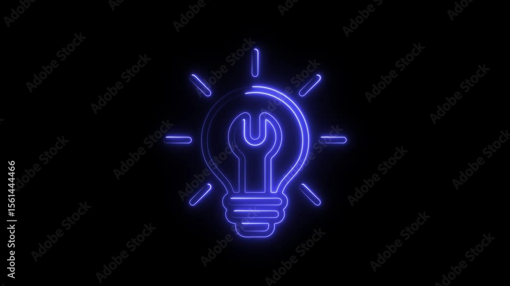 Aufkleber neon lightbulb with wrench symbol illuminating innovation and problem solving concept on black