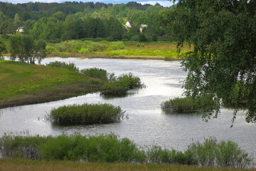 picturesque Russian summer expanses: fields, lakes, forest in Pushkin's Mikhailovskoye estate