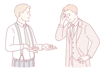 Two vintage-styled businessmen engaged in a serious discussion, showcasing professional interaction.