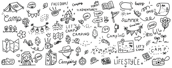 Hand Drawn Camping and Outdoor Adventure Elements – Line Doodle Vector Set.
