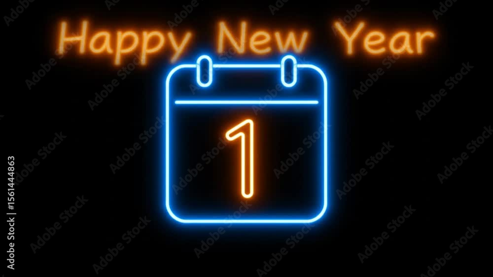 Poster neon calendar icons with first day of the year: happy new year animation loop