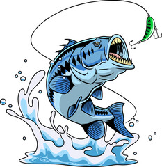 Tribal Blue Bass Fish Mascot Character with Sharp Teeth Leaping at Green Lure - Vector Hand Drawn Illustration Isolated On Transparent Background