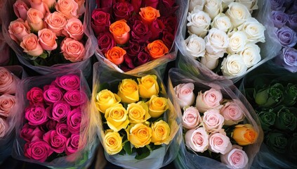 Assorted bouquets of roses in plastic wrap, various colors