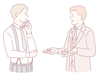 Fototapeta premium Two welldressed men engage in a lively conversation showcasing their strong communication and connection skills