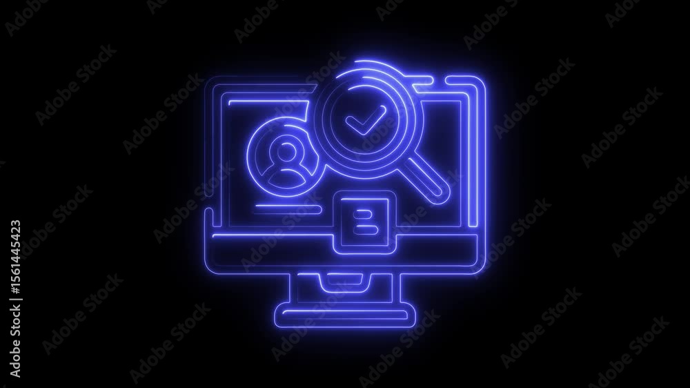 Poster neon blue digital verification concept animated loop illustrating user profile search and