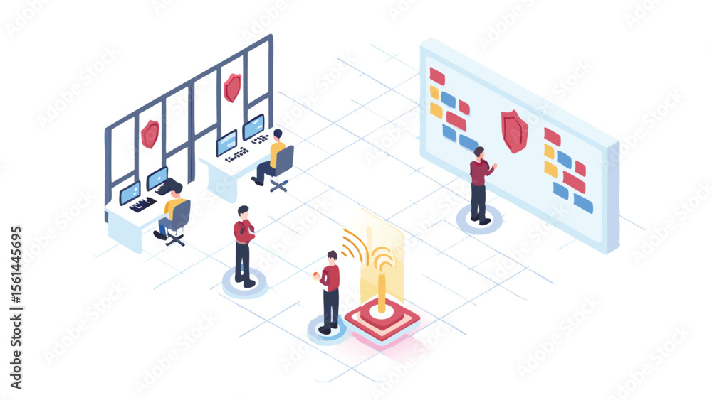 Poster isometric view of a security operations center with people and network security infrastructure shown
