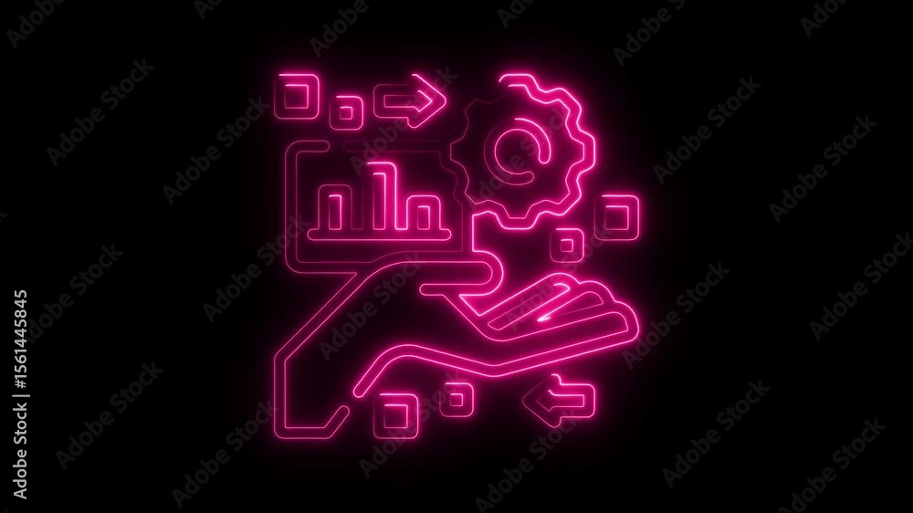 Poster neon data analysis and process optimization concept glowing pink icon on black background