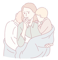 A deeply concerned mother gently holds her child with love while comforting her partner in a warm, loving embrace