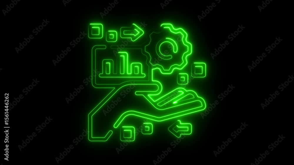 Poster neon green data analysis and process optimization icon animation on black background business