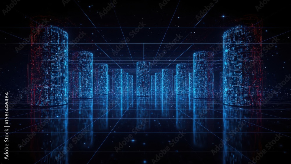 Poster abstract cityscape: digital towers glowing blue in a grid-like network with a reflective surface.