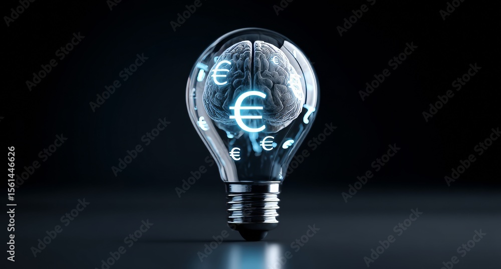 Poster financial innovation and ingenuity are represented by an illuminated lightbulb filled with currency 