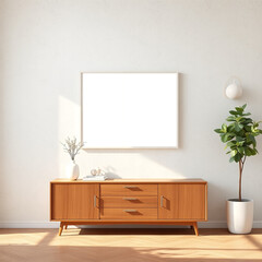 blank canvas mockup in a stylish dining room interior featuring elegant frame design wall art display above a chic buffet with textured pastel plaster wall enhancing mid-century modern atmosphere and 