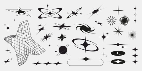 Obraz premium Retro bling shape set with sparkling stars, wireframe grid form, swirling galaxy, planet rings, starburst rays, geometric ellipses and shining diamond sparkles for y2k design, space or vintage decor.