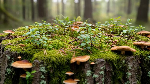 Mushroom stump rises from forest floor, moss and fungi cover bark. Mushroom stump shows quiet life cycle while mushroom stump inspires eco mindfulness concept sustainability