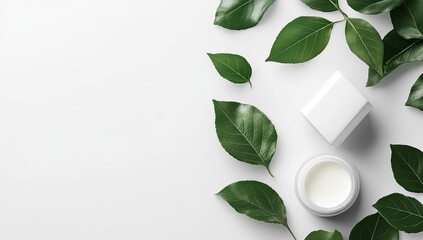 White cosmetic container & leaves on white