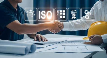 Two people shaking hands over blueprints with yellow helmet, surrounded by ISO and quality control icons, symbolizing business agreement