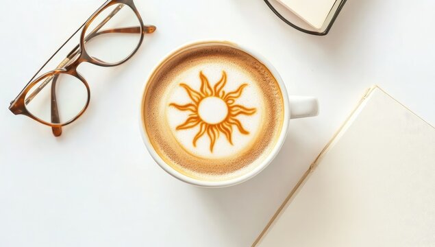 A white mug of latte art, a sun design, beside glasses and a book