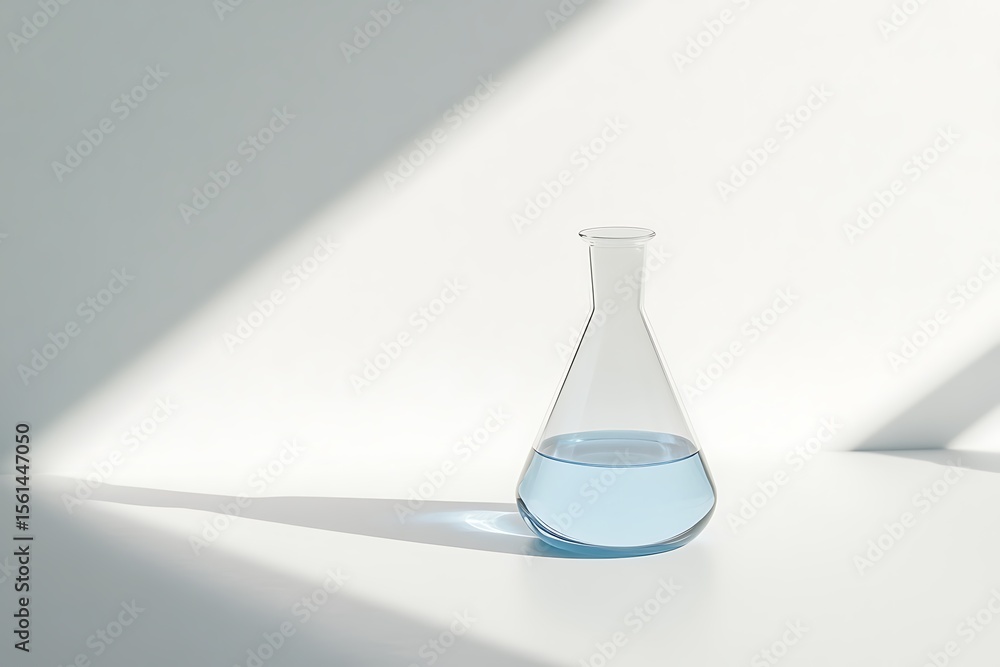 Poster laboratory flask filled with a pale blue liquid solution.