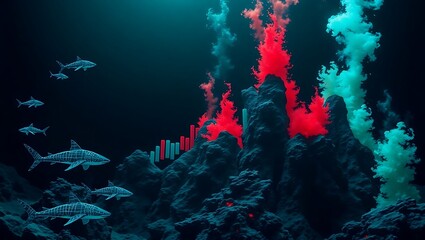 Fototapeta premium Abstract Underwater Scene Sharks and Colorful Ink Explosions