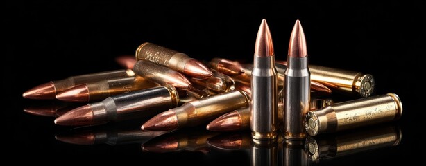Naklejka premium The detailed arrangement of copper-tipped bullets on a reflective surface.