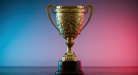 Ornate gold trophy illuminated with contrasting hues of celebratory acclaim