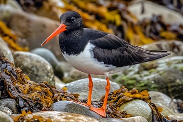 Oystercatcher bird on rocky shoreline coastal environment wildlife photography natural habitat close-up view