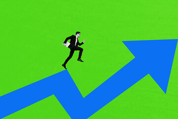 Composite poster creative collage of happy businessman run arrow development pointer aim...