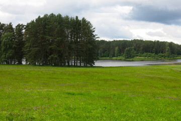 picturesque Russian summer expanses: fields, lakes, forest in Pushkin's Mikhailovskoye estate