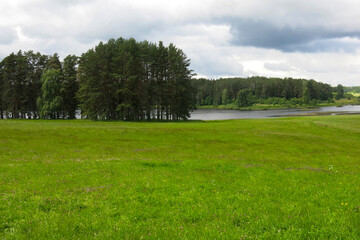 picturesque Russian summer expanses: fields, lakes, forest in Pushkin's Mikhailovskoye estate