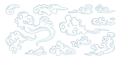 Japanese style cloud outlines - swirling Asia patterns with traditional spiral motifs, decorative Japan wind elements in blue line art. Oriental sky shapes design and Asian cultural decorations.