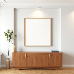 frame mockup for wall art in modern dining room with textured plaster wall in pastel tones showcasing mid-century design soft lighting and stylish decor ideal for home interior presentation