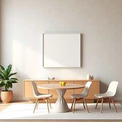 frame mockup for wall art in dining room showcasing mid-century modern style textured plaster wall in pastel tones sleek minimalist design above buffet table 3d render iso a2 landscape format for deco