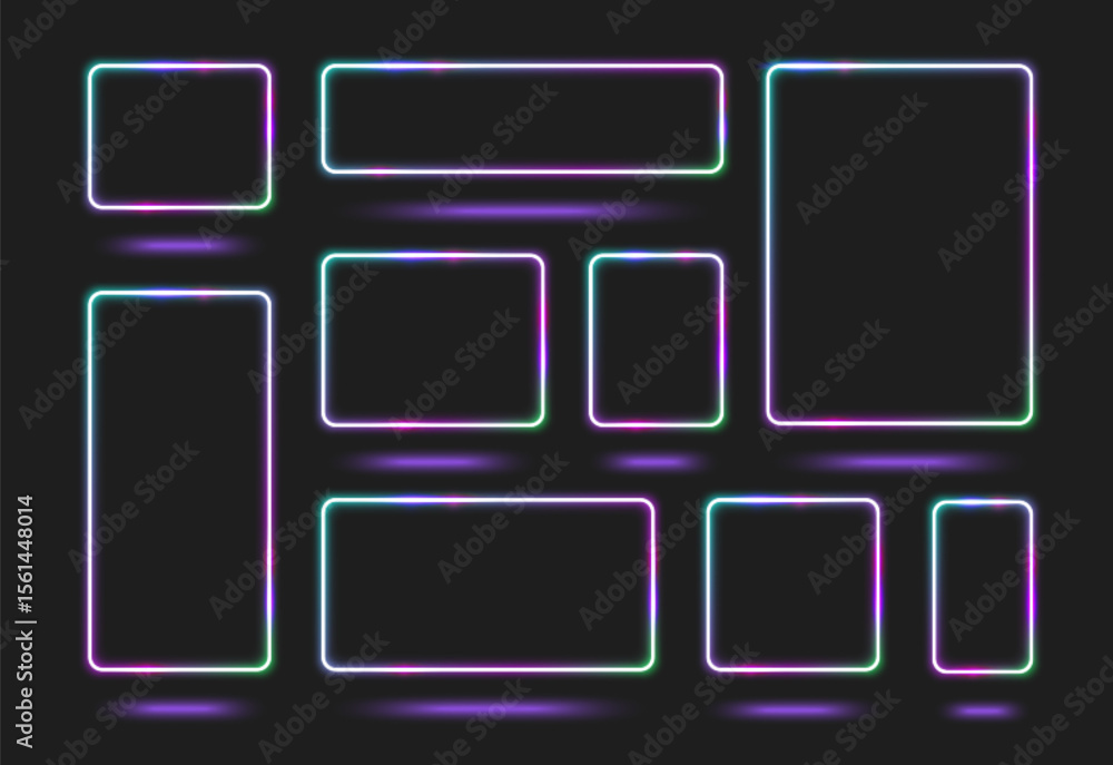 Fototapete Neon frame set with glowing square and rectangular borders in purple, pink and green gradient colors on black background. Electric light rectangles for futuristic UI design, cyberpunk interfaces.