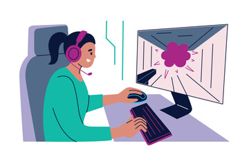 Flat cartoon vector illustration of female gamer playing shooter game at desk with monitor, headphones, gaming chair, mouse and keyboard. Esports, streaming, online gaming, digital entertainment