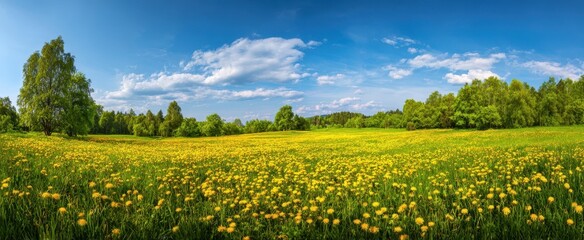 Fototapeta premium The picturesque meadow filled with vibrant yellow dandelions under a bright blue sky.