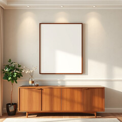 frame mockup for wall art in dining room with textured plaster wall in pastel tones mid-century modern style A2 landscape design unique decor piece 3D render art display mockup for interiors