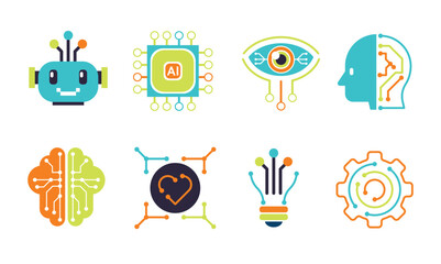 Colorful AI and Technology Icons Set – Flat Design Vector