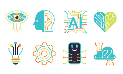 Colorful AI and Technology Icons Set – Flat Design Vector