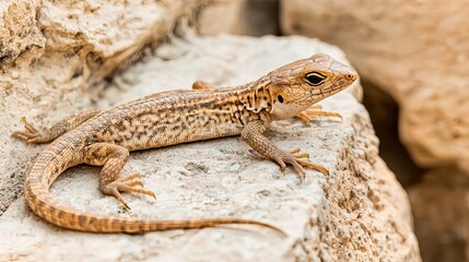 Naklejka premium A small brown lizard rests on a rocky surface. Its scales are textured and it has a slender body. The environment is arid and natural.