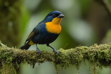 Obraz premium Bird perched on mossy branch tropical rainforest wildlife photography lush greenery close-up colorful avian species