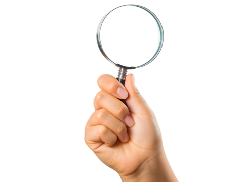 Hand holding magnifying glass isolated on a transparent background