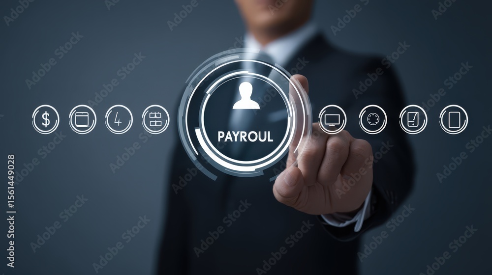 Poster a hand interacts with a digital interface displaying payroll information.