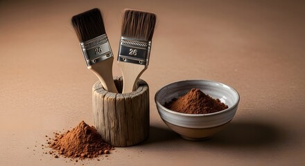 Two paintbrushes in a wooden holder with brown pigment powder in a bowl nearby