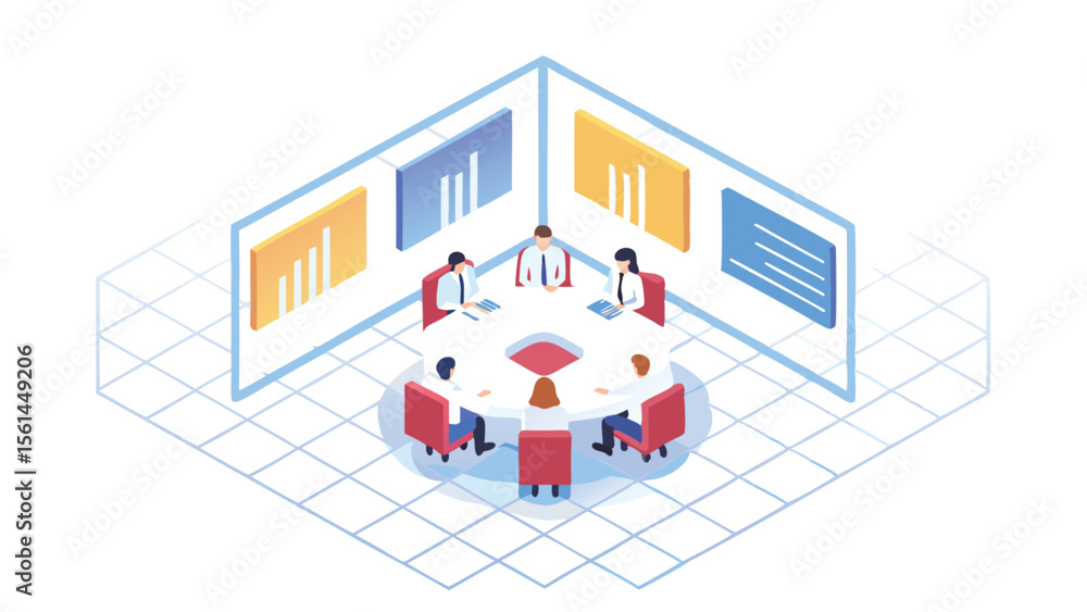Poster isometric view of business meeting with charts and graphs in a modern conference room setup design